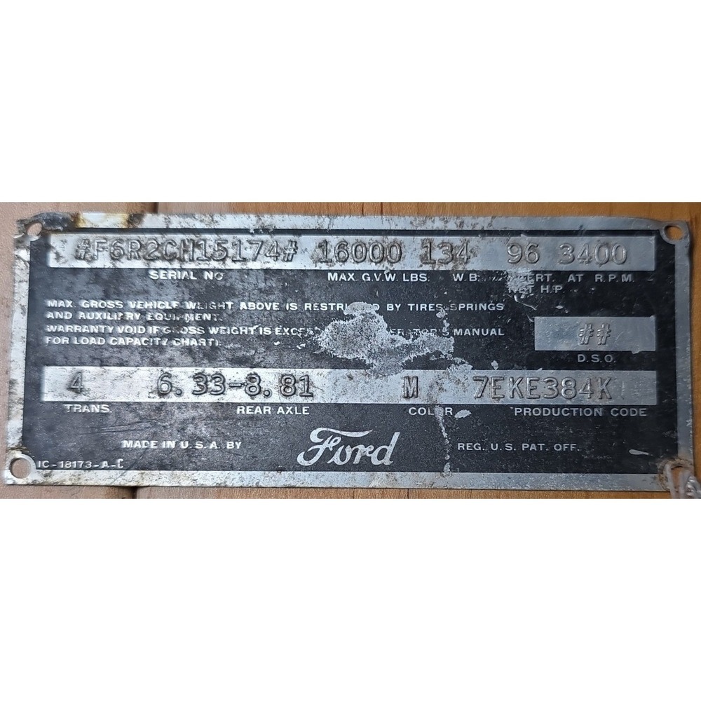 1952 Ford F6 Data Plate ID Tag Metal